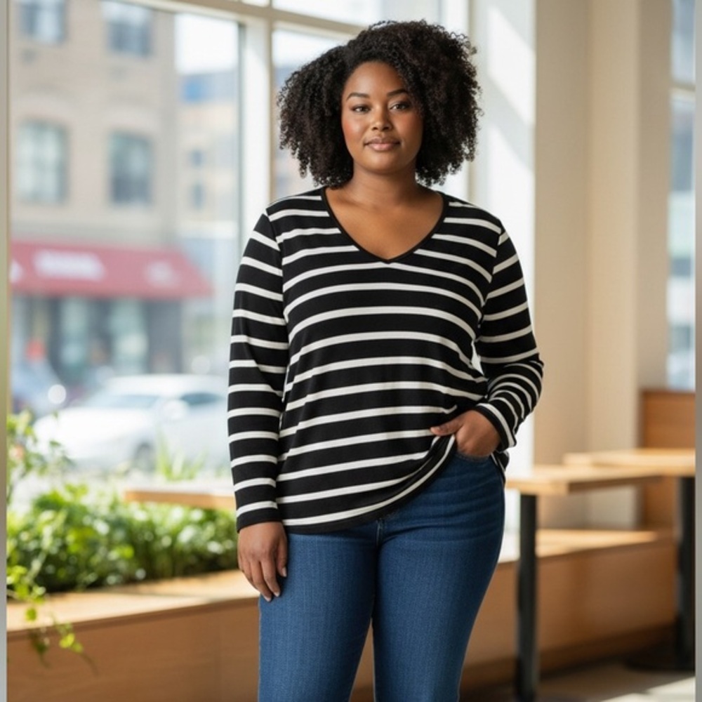 Roz &Ali  York Women's Black and Cream preppy Striped Long Sleeve plus size 2x